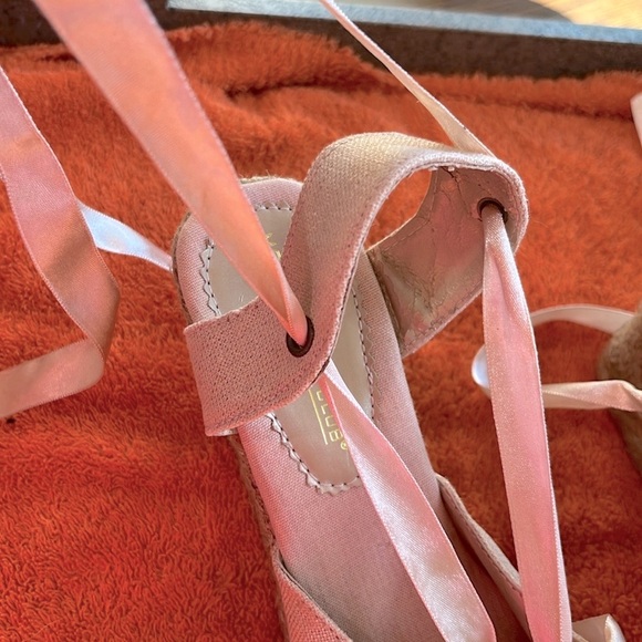 platform tie-up wedge espadrille sandal golden canvas w/pink ribbon shoe 5 1/2 - Picture 4 of 11